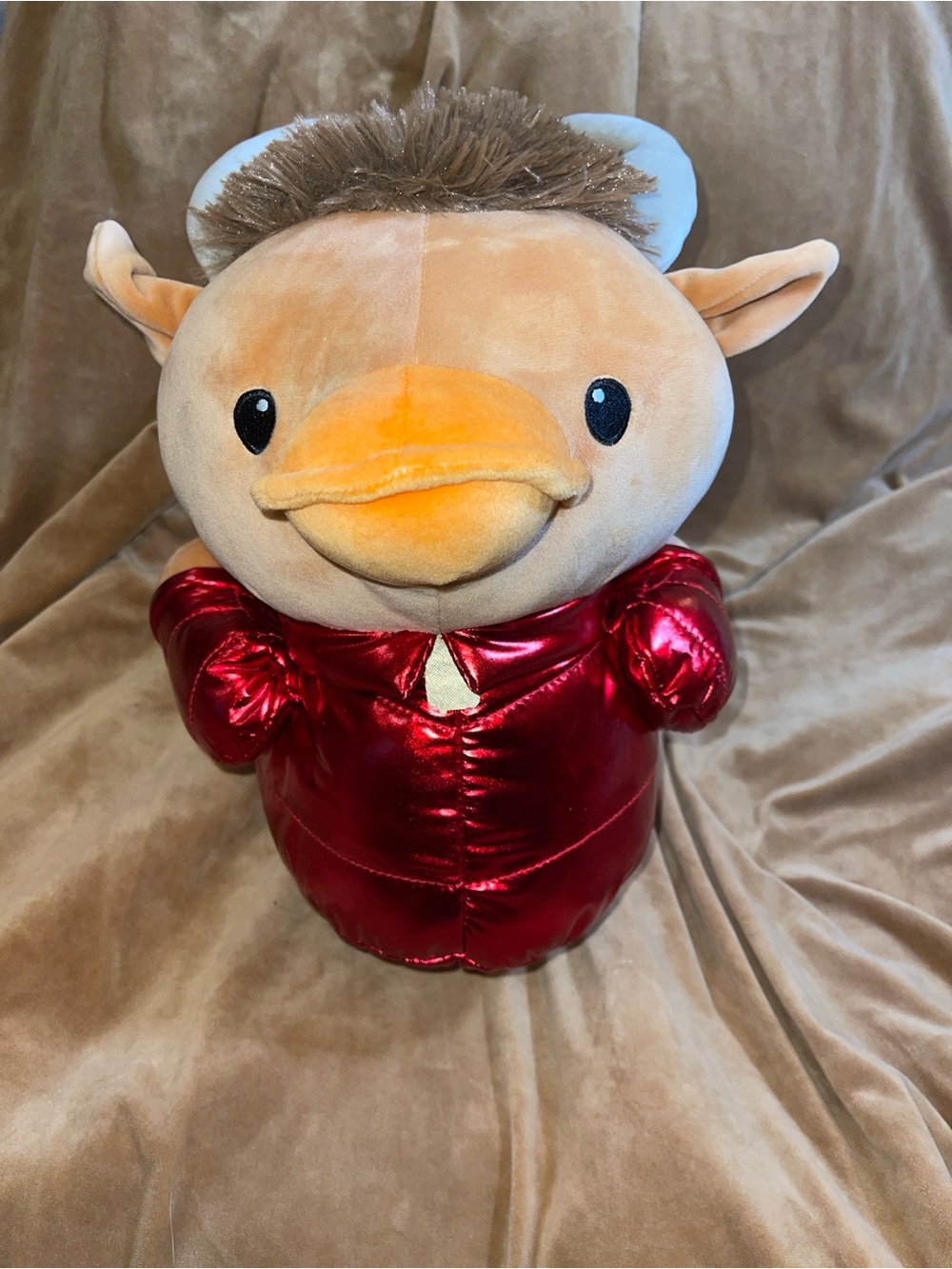 Dan Dee Plush Hybrid Duck Bison Bull 12” Wearing Red Metallic Puffer Jacket Coat